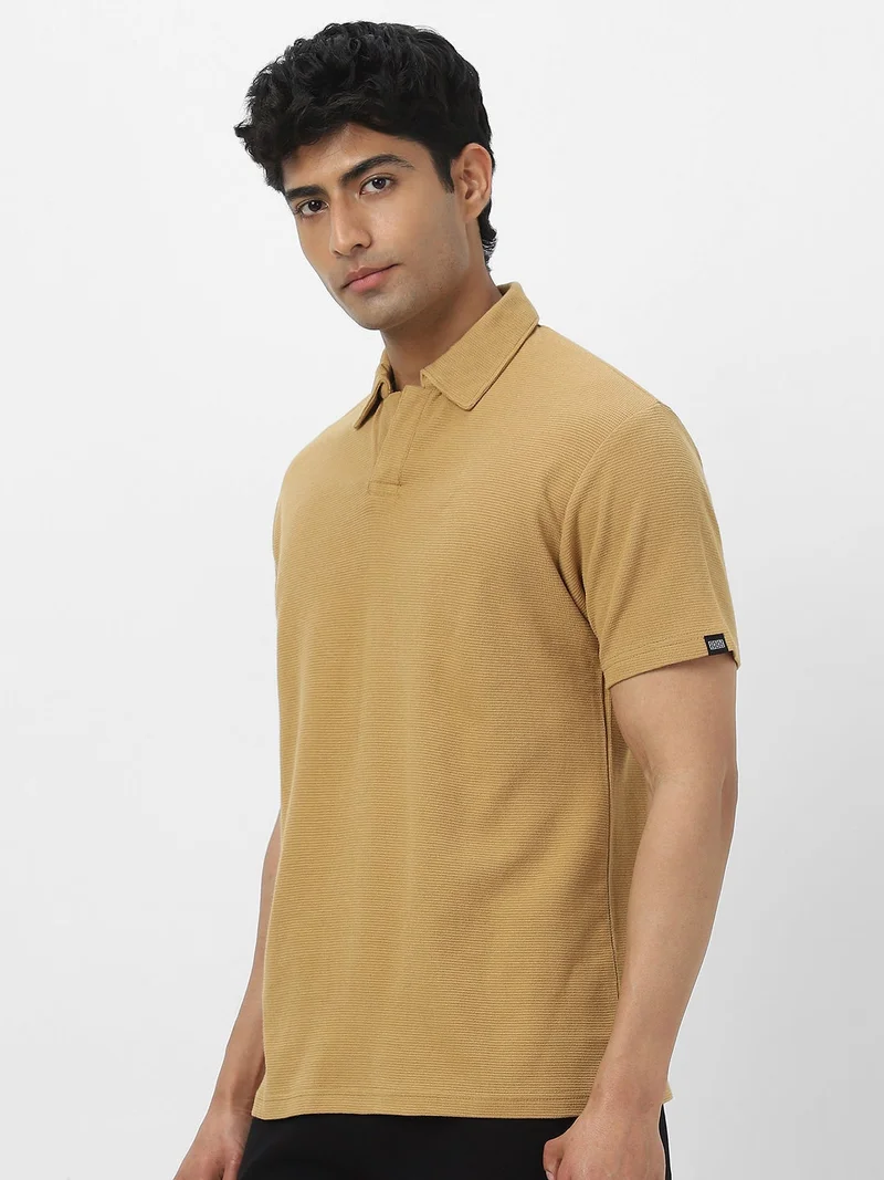 Urbano Fashion  Urbano Fashion Men's Beige Textured Regular Fit Half Sleeve Cotton Polo T-Shirt  | Best Price UAE