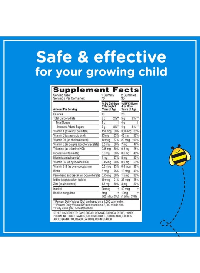 Zarbee's Kid's Complete Daily Multivitamin + Probiotic Gummies with Vitamins A B C D E & zinc for Digestive Health Easy To Chew, Natural Fruit 70 Count - Image 5