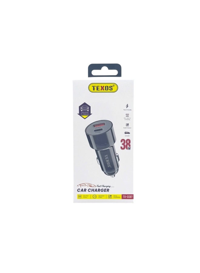 Texos 38W Dual Port Car Charger TX-CC07 - PD 20W & QC 3.0 - Image 1