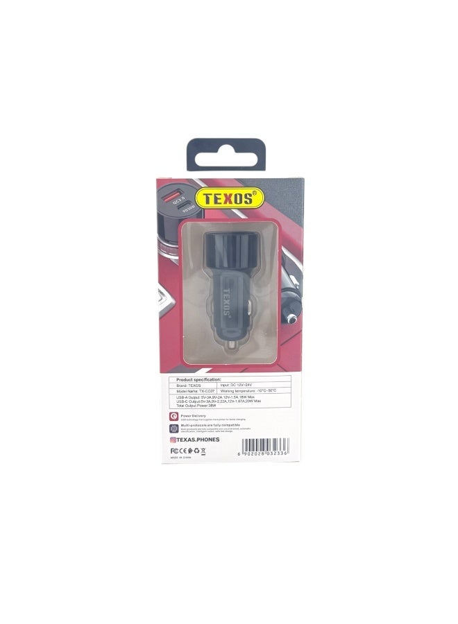 Texos 38W Dual Port Car Charger TX-CC07 - PD 20W & QC 3.0 - Image 2
