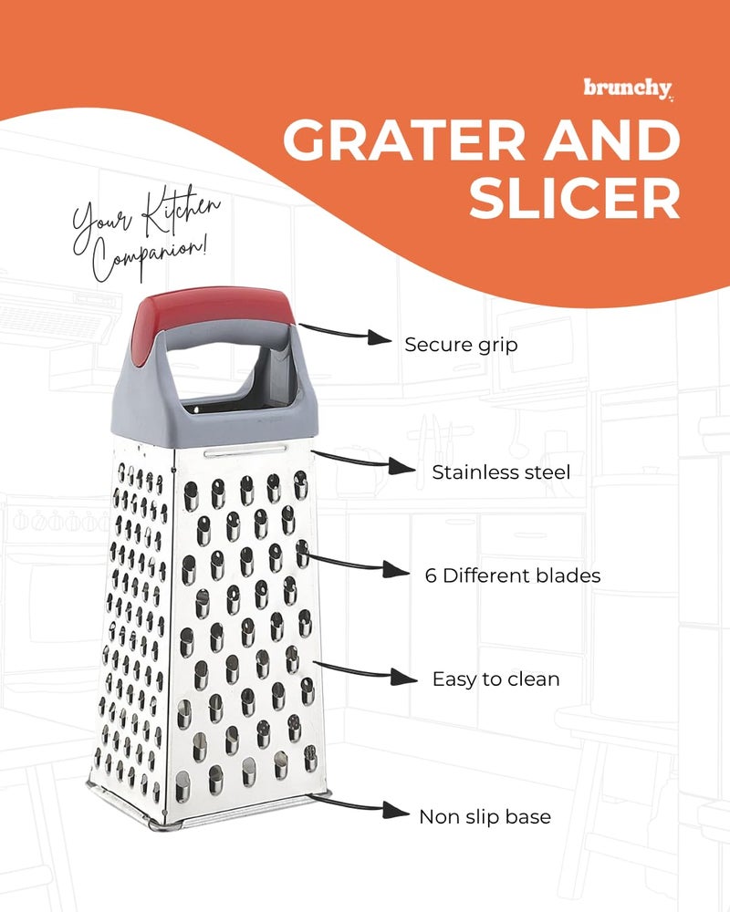 Brunchy Stainless Steel Grater & Slicer for Kitchen, Multi-Purpose Steel Kitchen Items, Professional Cheese Grater, Stainless Steel Chopper, Vegetable & Ginger Crusher Tool (1, Red) - Image 3
