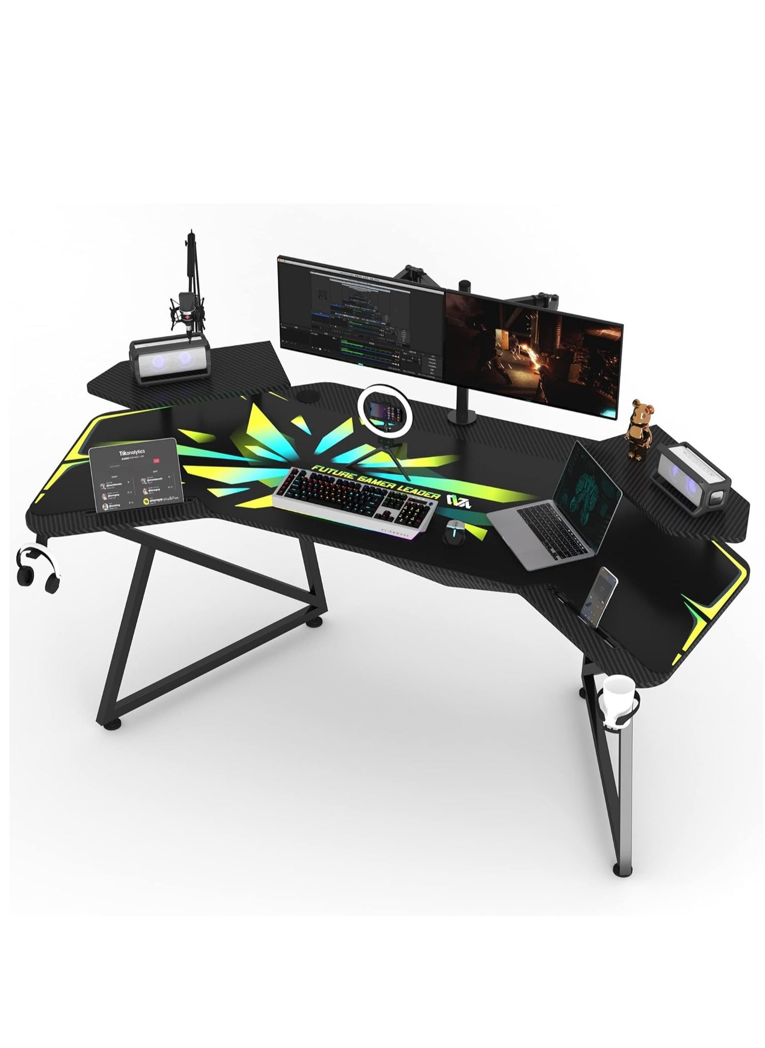 بينغ جنرال طاولة الألعاب المزودة بمصابيح RGB ومكتب كمبيوتر وأرفع الكأس وسماعة الرأس طاولة الألعاب المزودة بسعة مكبرات الصوت القابلة للإزالة مع الماوس المغطاة بالكامل 