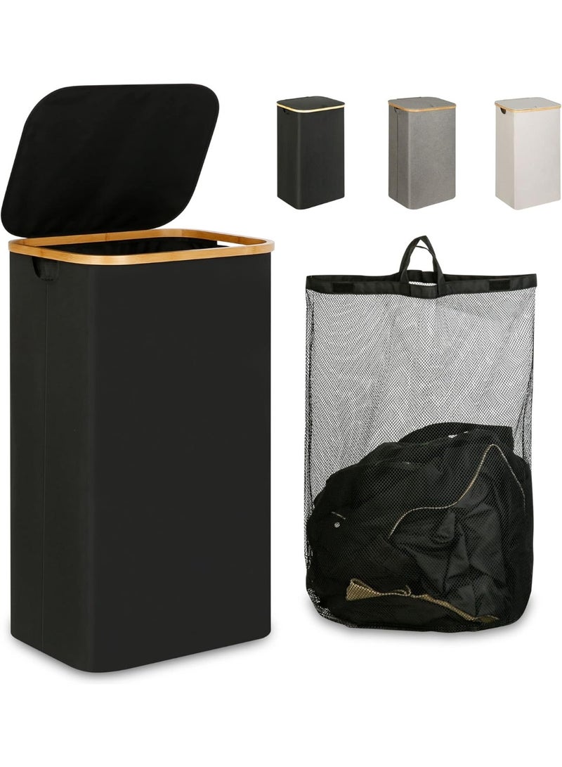 KITCHENOO Laundry basket with lid, large 110L laundry basket with handle and lid, foldable clothes organizer basket with removable inner bag for clothes, toys and towels - Black - Image 1