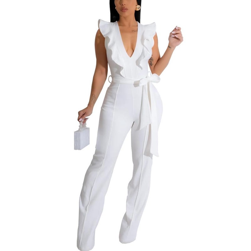 HBQ Womens Casual One Piece Jumpsuits Deep V-Neck Sleeveless Ruffle Elegant Romper Wide Leg Pant Sexy Party Clubwear Overalls-White-L - Image 1
