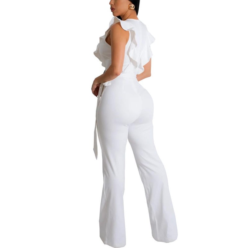 HBQ Womens Casual One Piece Jumpsuits Deep V-Neck Sleeveless Ruffle Elegant Romper Wide Leg Pant Sexy Party Clubwear Overalls-White-L - Image 2