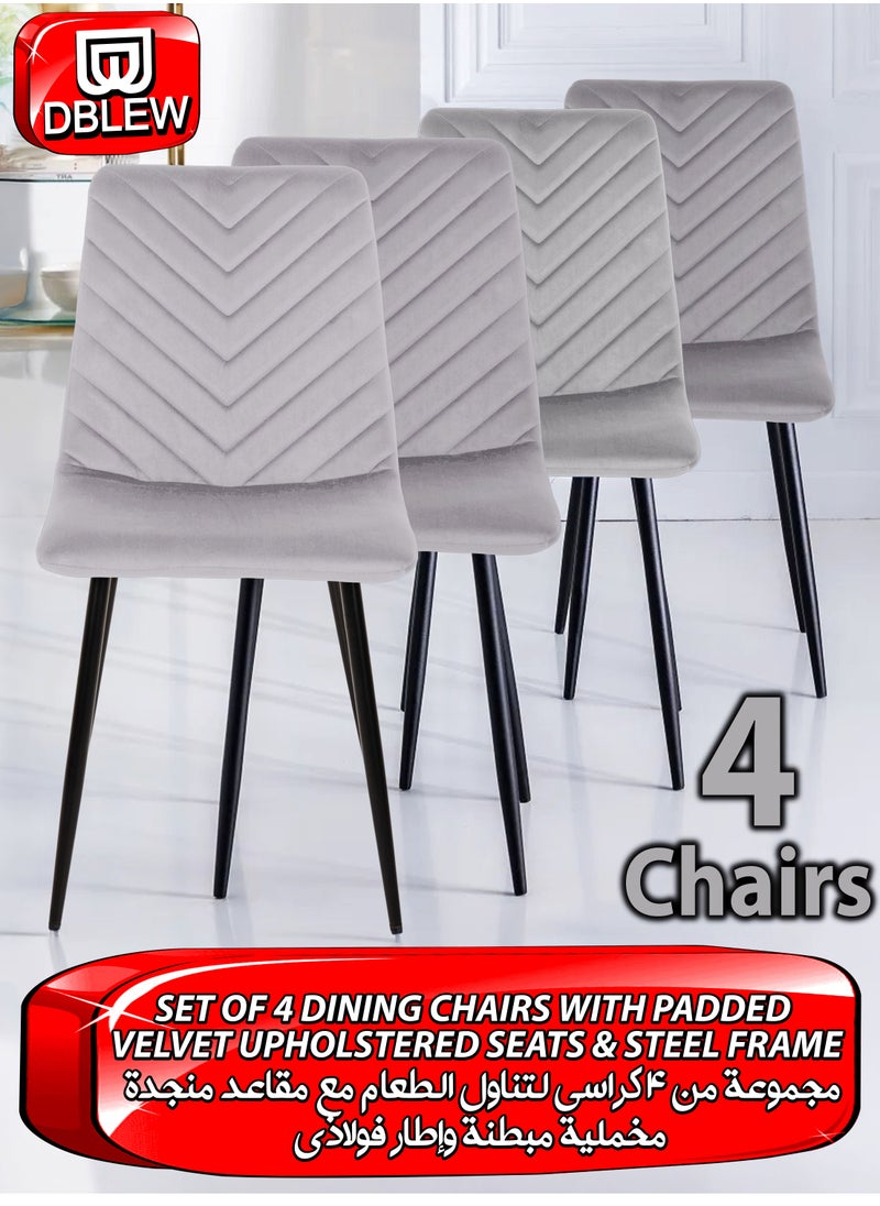 DBLEW - Set Of 4 Pcs Modern Velvet Dining Chair with V-Stitch Curved Backrest Upholstered L-Shaped Seat with Foam Padding, Metal Legs & X-Frame Support Side Chair Lounge Chair Multifunctional Accent Chair for Dining Room, Living Room, Bedroom, Hotel Lobby, Reception, Hallway, Makeup Vanity, Office Comfortable & Stylish Seating Light Grey - Image 1