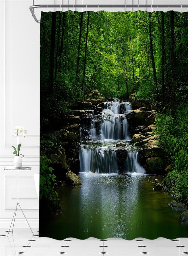 Forest Waterfall Shower Curtain Nature Green Tree Tropical Jungle Spring Summer Natural Scenery Fabric Bathroom Decor Set,70x70 inch - Image 3