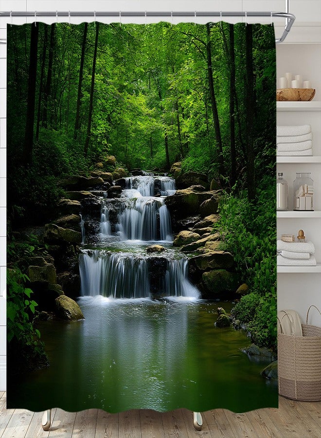 Forest Waterfall Shower Curtain Nature Green Tree Tropical Jungle Spring Summer Natural Scenery Fabric Bathroom Decor Set,70x70 inch - Image 1