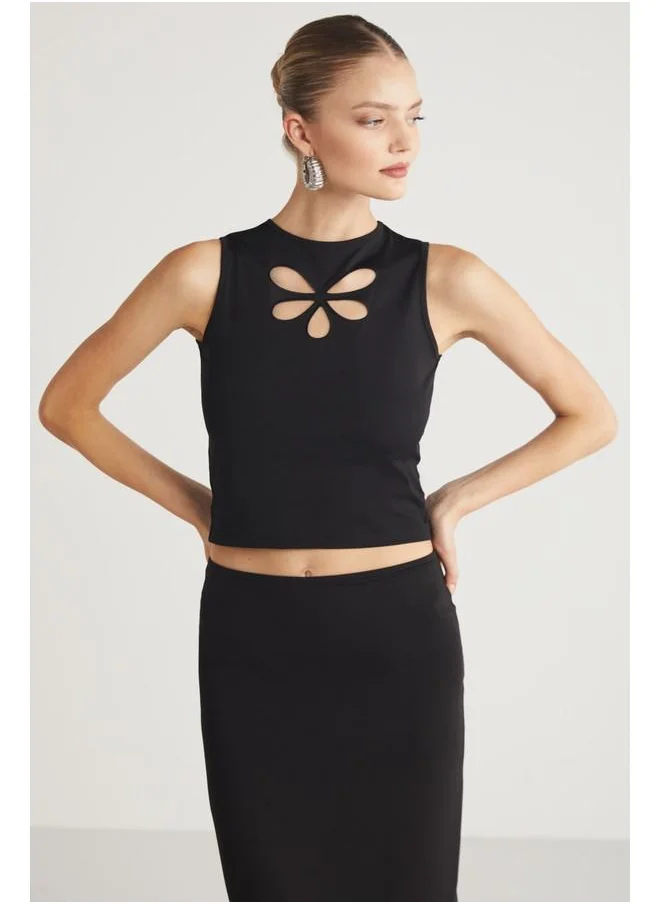 GRIMELANGE Grimelange Arlanda Women's Window Detail Sleeveless Crew Neck Crop Black Blouse
