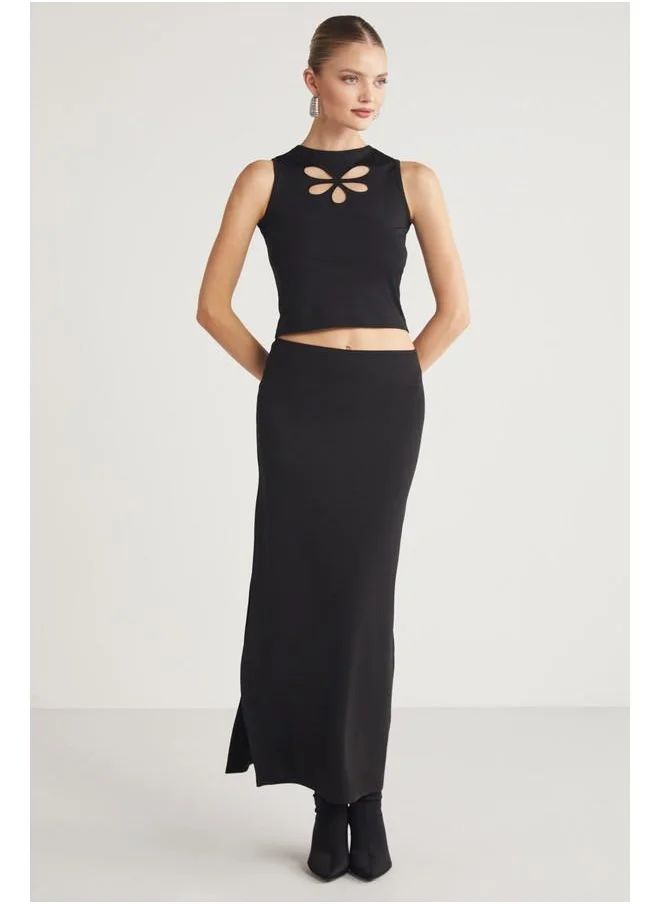 GRIMELANGE Grimelange Arlanda Women's Window Detail Sleeveless Crew Neck Crop Black Blouse