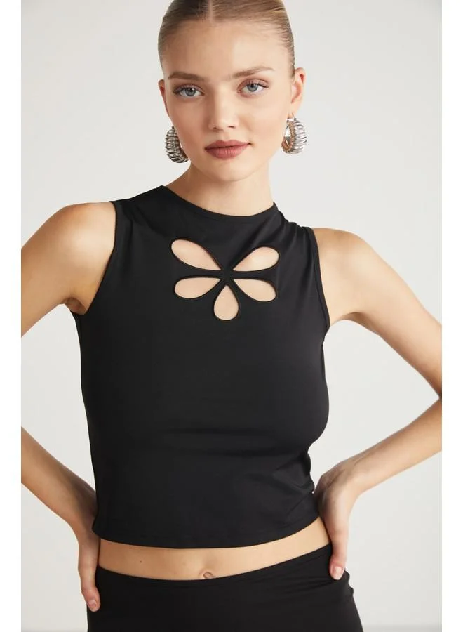 GRIMELANGE Grimelange Arlanda Women's Window Detail Sleeveless Crew Neck Crop Black Blouse