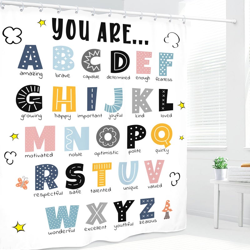 Kalmico ABC Alphabet Kids Shower Curtain 60Wx72L Inch Educational Learning Tools Study Inspirational Motivational Positive Boys Bathroom Set Accessories Decor with 12 Pack Hooks - Image 2