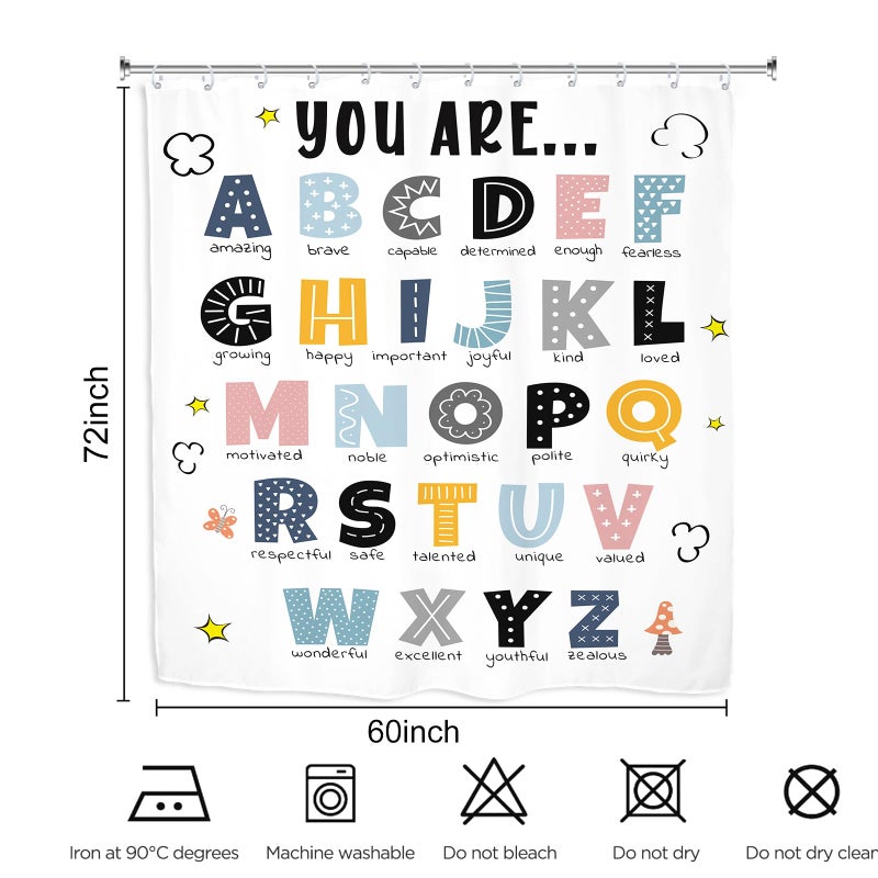 Kalmico ABC Alphabet Kids Shower Curtain 60Wx72L Inch Educational Learning Tools Study Inspirational Motivational Positive Boys Bathroom Set Accessories Decor with 12 Pack Hooks - Image 4