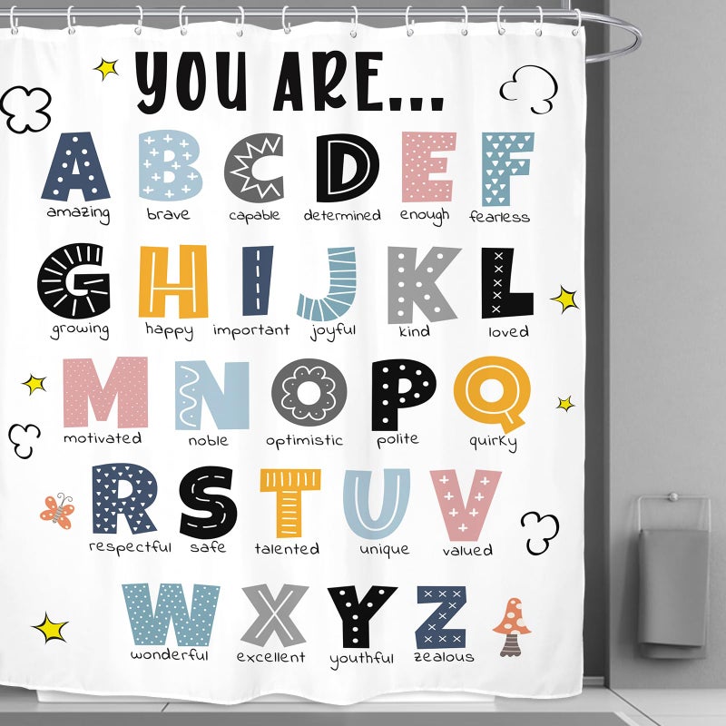 Kalmico ABC Alphabet Kids Shower Curtain 60Wx72L Inch Educational Learning Tools Study Inspirational Motivational Positive Boys Bathroom Set Accessories Decor with 12 Pack Hooks - Image 5