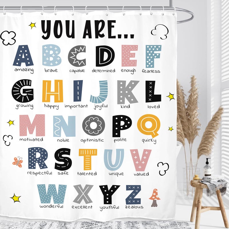 Kalmico ABC Alphabet Kids Shower Curtain 60Wx72L Inch Educational Learning Tools Study Inspirational Motivational Positive Boys Bathroom Set Accessories Decor with 12 Pack Hooks - Image 1