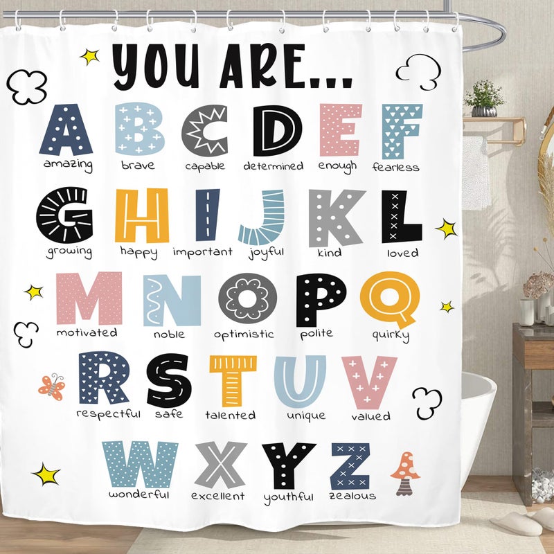 Kalmico ABC Alphabet Kids Shower Curtain 60Wx72L Inch Educational Learning Tools Study Inspirational Motivational Positive Boys Bathroom Set Accessories Decor with 12 Pack Hooks - Image 3