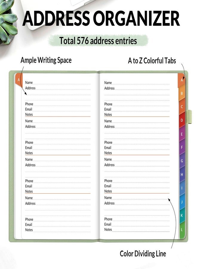 SUNEE Address Book with Colorful Alphabetical Tabs, Address Notebook Organizer for Record Contacts, 5.3'' x 7.7''- Sage Green - Image 2