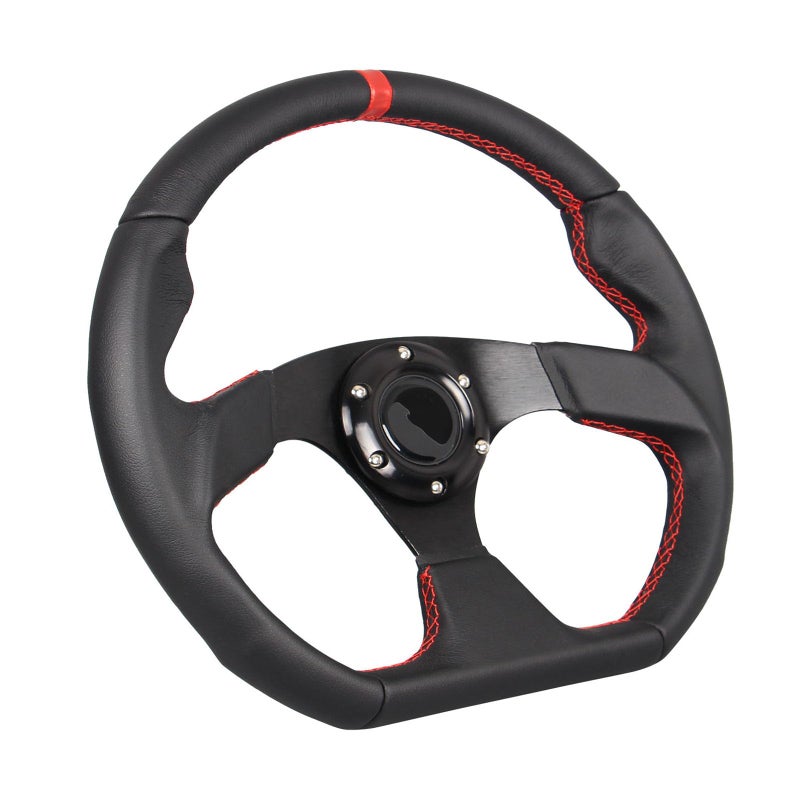 GONMOT Universal Racing Sports Steering Wheel Red Stripe D Shape 138inch 350mm 6 Bolts Black Leather Hand Grip Steering Wheel