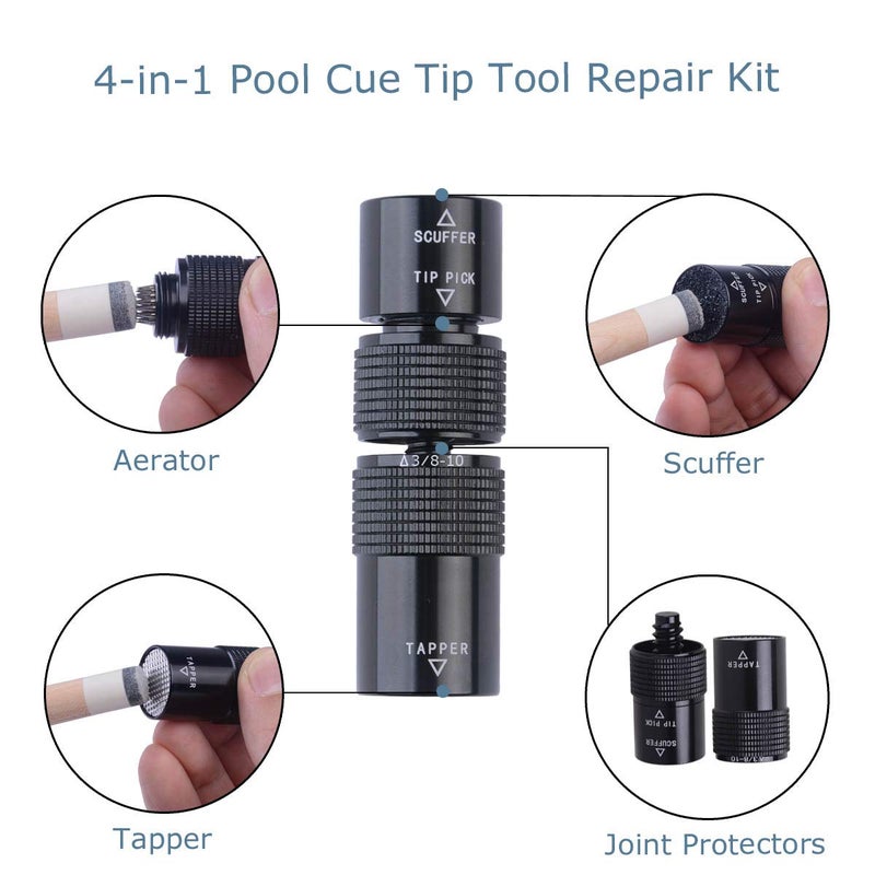AB Earth Aluminum 4-in-1 Billiard Pool Cue Tip Accessory Tool Repair Kit (Scuffer, Aerator, Tapper, Joint Protector) (5/16 X 18) - Image 2