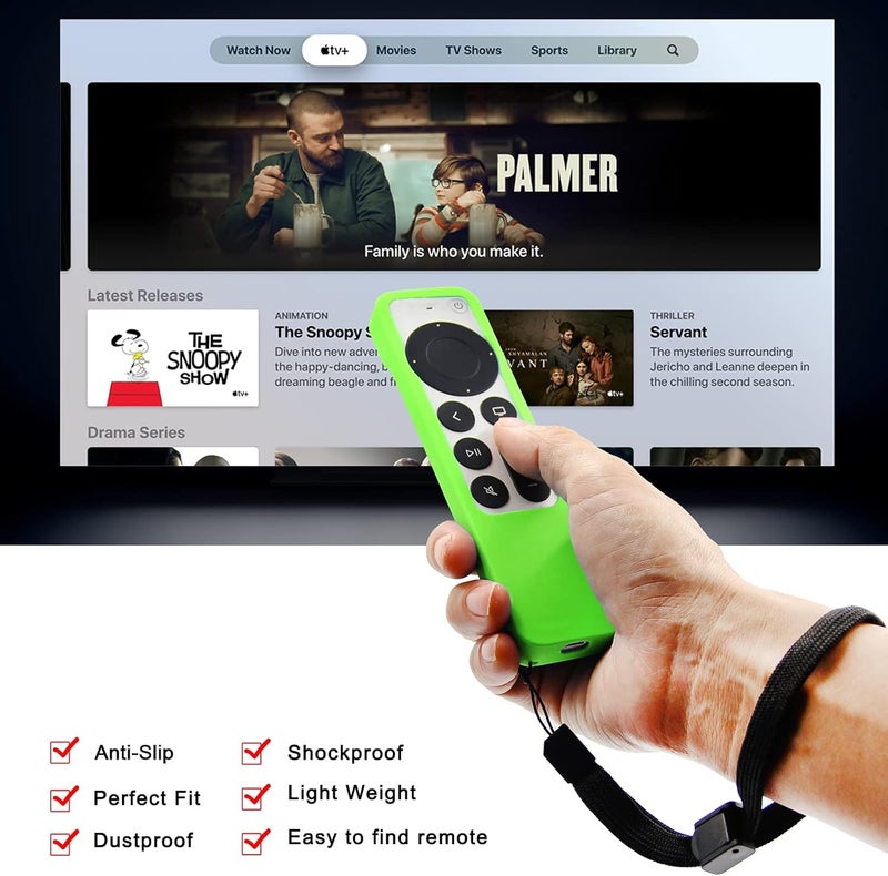 بينوو [2 حزمة] غطاء جهاز التحكم عن بعد (مضيء في الظلام) متوافق مع جهاز Apple TV Siri Remote 2021 (الجيل الثاني) - حبل معصم مضمن، غطاء مضاد للانزلاق (أخضر وأزرق) - Image 3