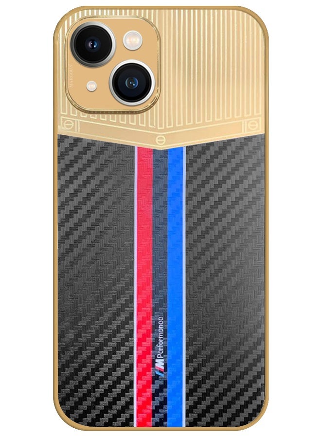 CATANES Luxury Gold Plated Case for iPhone 13 - Hybrid Electroplated Frame Back Cover with Carbon Fiber Texture - Racing Stripe Pattern Black - Image 1