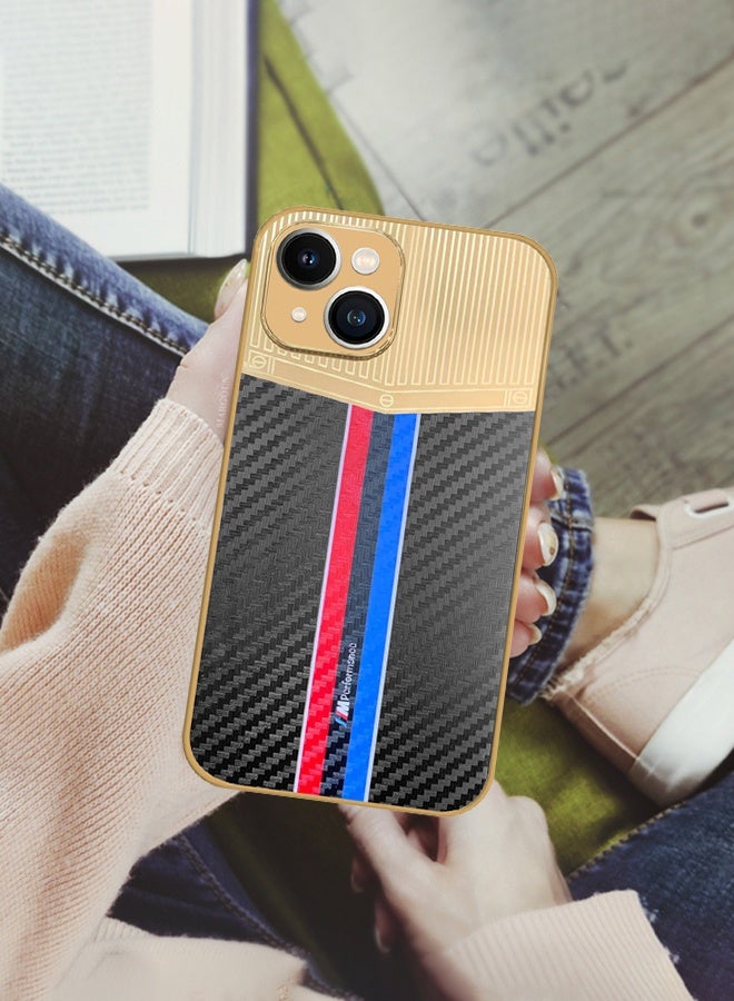 CATANES Luxury Gold Plated Case for iPhone 13 - Hybrid Electroplated Frame Back Cover with Carbon Fiber Texture - Racing Stripe Pattern Black - Image 5