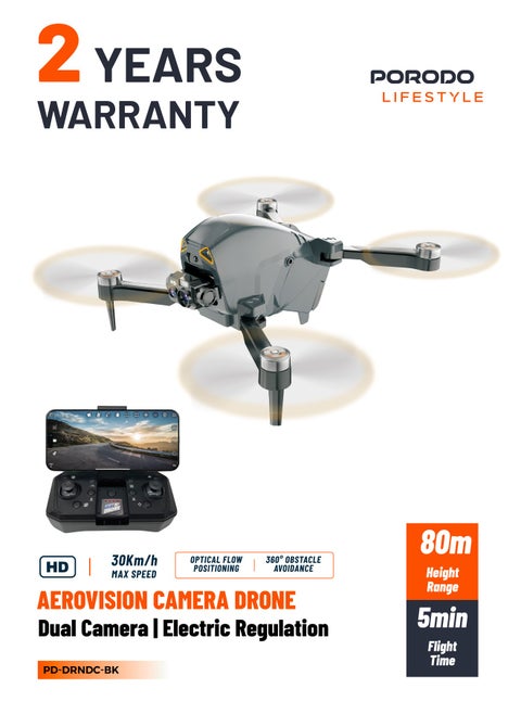 Aerovision Camera Drone with Dual Camera & Electric Regulation / Auto Obstacle Avoidance / Brushless Motor / 15 Min Flight Time / 80M Height Range - Black / Silver