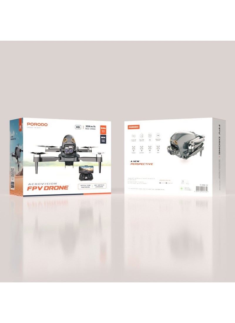 porodo - Aerovision Camera Drone with Dual Camera & Electric Regulation / Auto Obstacle Avoidance / Brushless Motor / 15 Min Flight Time / 80M Height Range - Black / Silver - Image 1