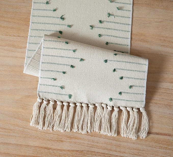 GLOY ® Luxurious 100% Natural Pure Cotton Material Handmade Heat Resistant and Washable 6 Seater Table Runner (Size-14"x72") for Dining Table Runner| Centre Table| Office Table (Green and White) - Image 5