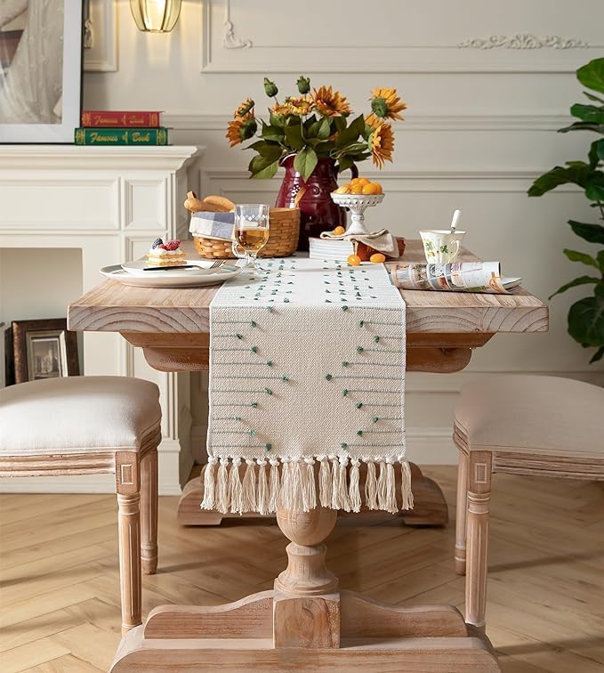 GLOY ® Luxurious 100% Natural Pure Cotton Material Handmade Heat Resistant and Washable 6 Seater Table Runner (Size-14"x72") for Dining Table Runner| Centre Table| Office Table (Green and White) - Image 4