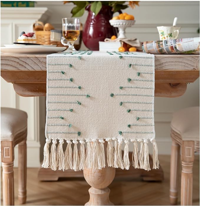 GLOY ® Luxurious 100% Natural Pure Cotton Material Handmade Heat Resistant and Washable 6 Seater Table Runner (Size-14"x72") for Dining Table Runner| Centre Table| Office Table (Green and White) - Image 1