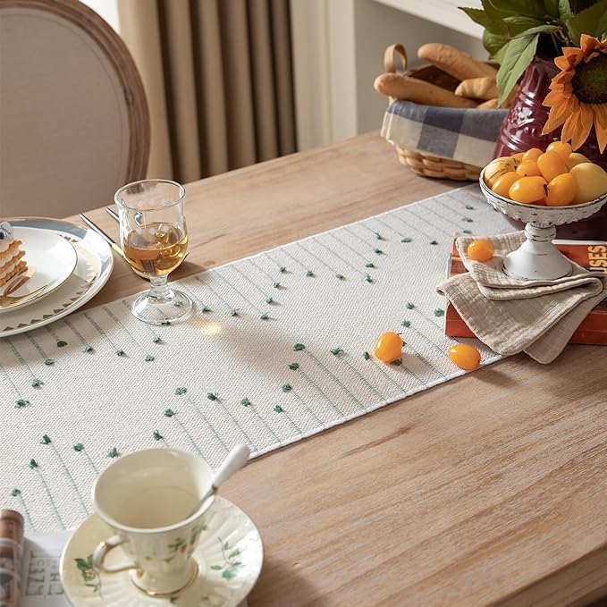 GLOY ® Luxurious 100% Natural Pure Cotton Material Handmade Heat Resistant and Washable 6 Seater Table Runner (Size-14"x72") for Dining Table Runner| Centre Table| Office Table (Green and White) - Image 3