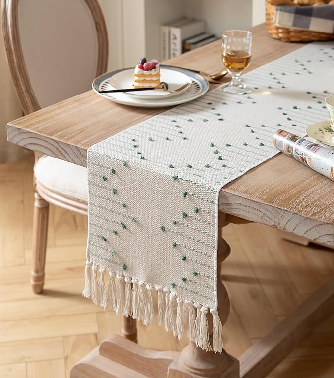 GLOY ® Luxurious 100% Natural Pure Cotton Material Handmade Heat Resistant and Washable 6 Seater Table Runner (Size-14"x72") for Dining Table Runner| Centre Table| Office Table (Green and White) - Image 2