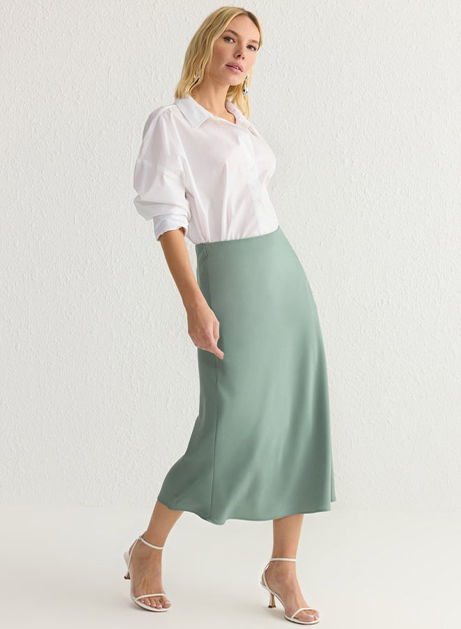 trendyol Khaki A-line Satin Fabric Midi Length Woven Skirt TWOSS24ET00162 - Image 1
