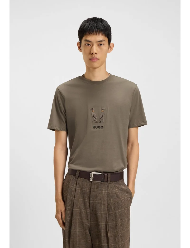 HUGO Cotton-jersey T-shirt with embroidered logo artwork