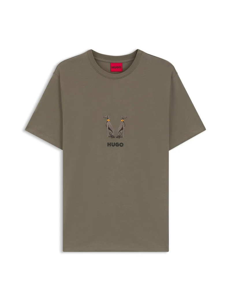 HUGO Grey Cotton-jersey T-shirt with embroidered logo artwork for Men | Best Price UAE
