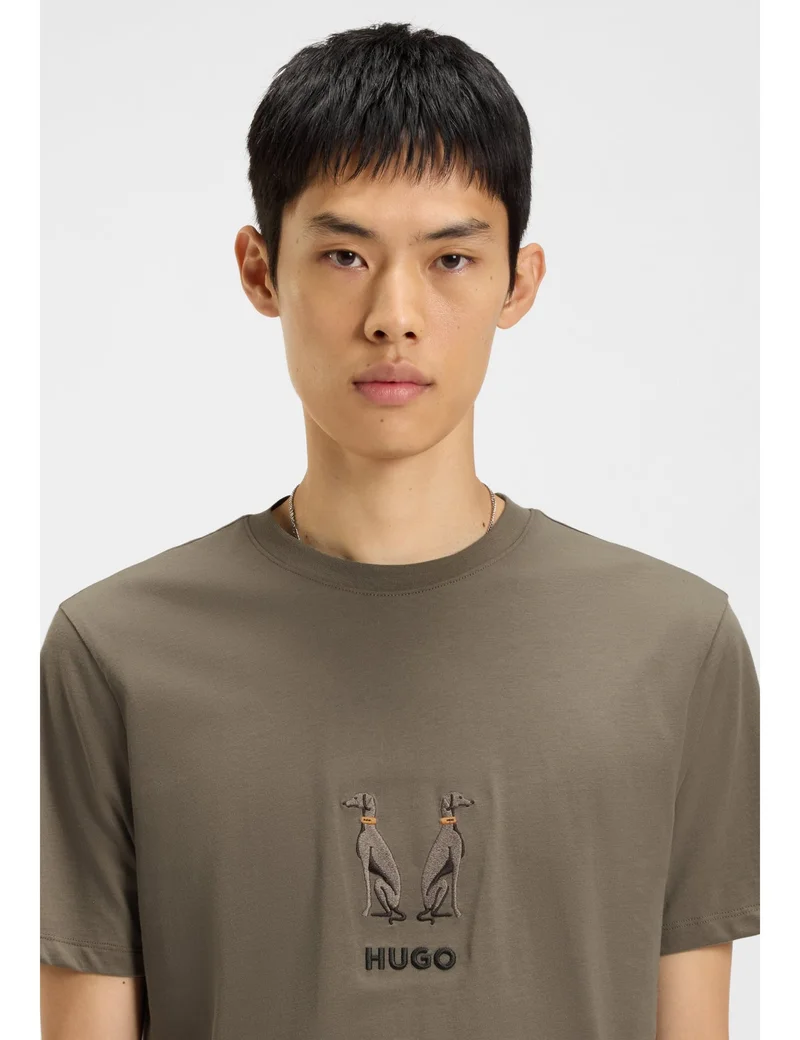 HUGO Grey Cotton-jersey T-shirt with embroidered logo artwork for Men | Best Price UAE