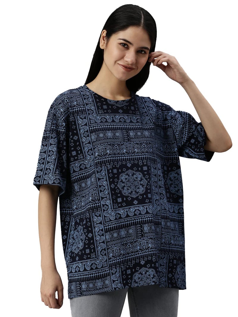 Veirdo Multicolour Oversized Cotton Crew Neck T-Shirt with Bandana Print for Women - Image 3