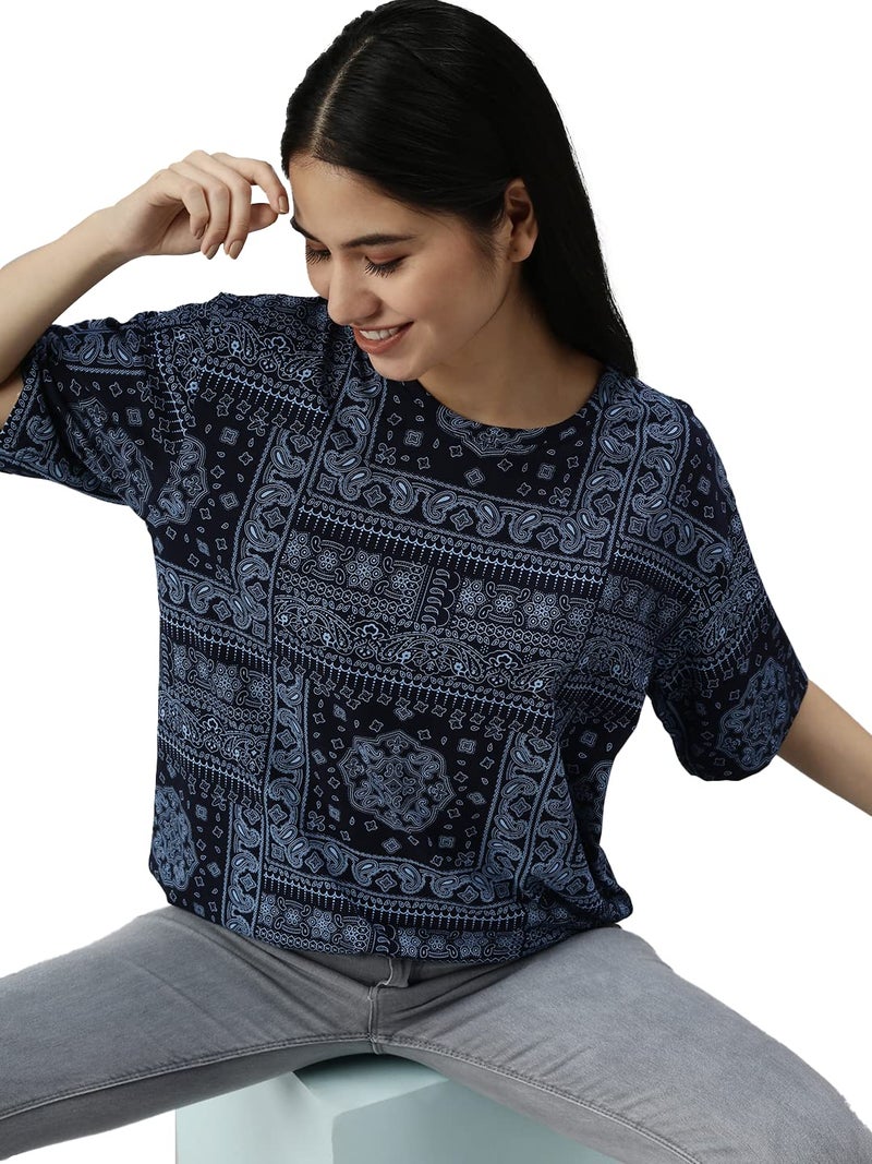 Veirdo Multicolour Oversized Cotton Crew Neck T-Shirt with Bandana Print for Women - Image 5