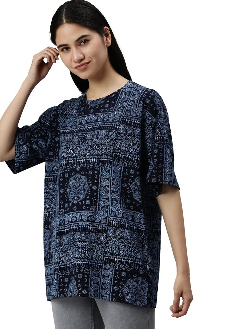 Veirdo Multicolour Oversized Cotton Crew Neck T-Shirt with Bandana Print for Women - Image 1