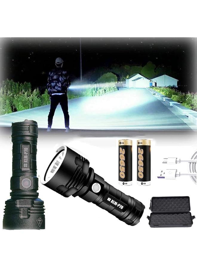 promass 30000-100000 Lumen High Power LED Waterproof Flashlight Lamp Ultra Bright, 3 Mode Most Powerful 50W XLM-P70 LED USB Rechargeable Flashlight Torch (50W XLM-P70, Double lithium battery) - Image 1