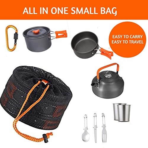 Linist Camping Cookware Mess Kit Campfire Kettle Outdoor Hiking Backpacking Picnic Cooking Pot Pan Bowl, Mini Stove, Stainless Steel Cup,Spoon Set for 2 to 3 Person - Image 4