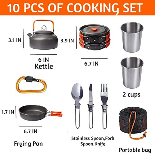 Linist Camping Cookware Mess Kit Campfire Kettle Outdoor Hiking Backpacking Picnic Cooking Pot Pan Bowl, Mini Stove, Stainless Steel Cup,Spoon Set for 2 to 3 Person - Image 3