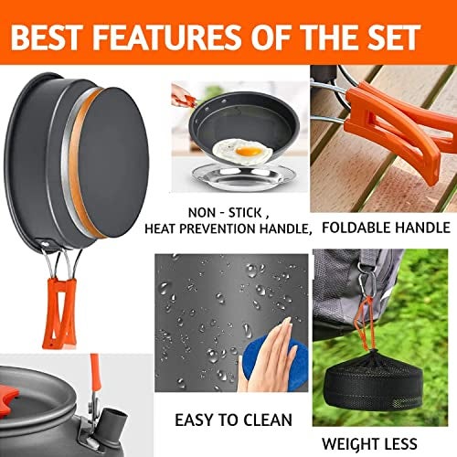 Linist Camping Cookware Mess Kit Campfire Kettle Outdoor Hiking Backpacking Picnic Cooking Pot Pan Bowl, Mini Stove, Stainless Steel Cup,Spoon Set for 2 to 3 Person - Image 5