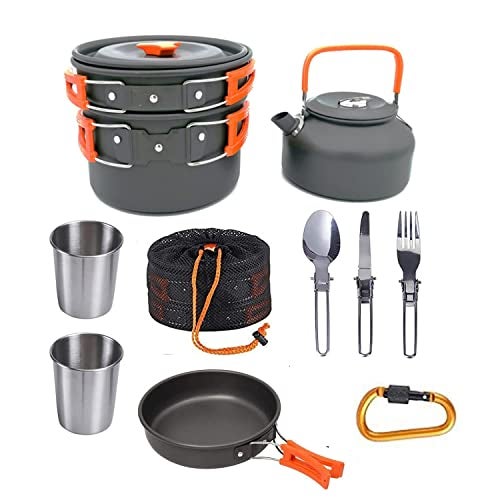 Linist Camping Cookware Mess Kit Campfire Kettle Outdoor Hiking Backpacking Picnic Cooking Pot Pan Bowl, Mini Stove, Stainless Steel Cup,Spoon Set for 2 to 3 Person - Image 1