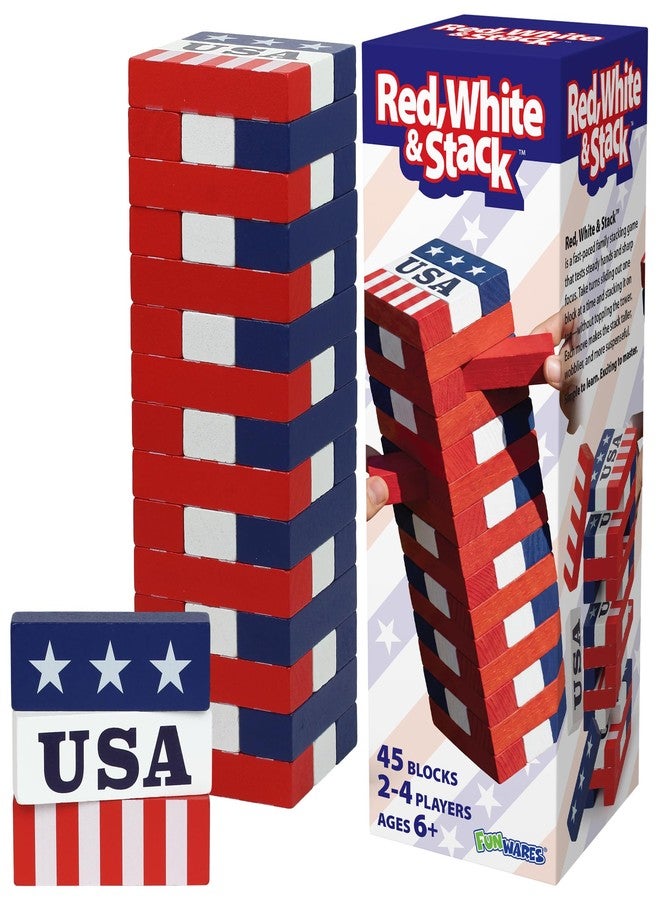 Funwares Red, White & Stack, Patriotic Wooden Stacking Game for Kids & Adults, 4th of July Tumble Tower, Indoor & Outdoor Family Play, Ages 6+, USA Gift - Image 1