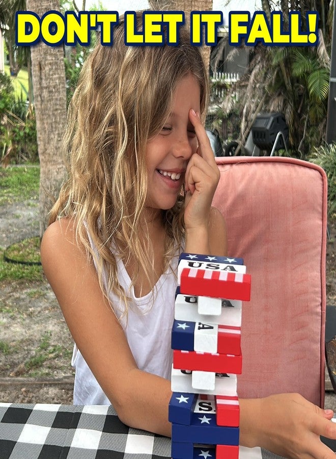 Funwares Red, White & Stack, Patriotic Wooden Stacking Game for Kids & Adults, 4th of July Tumble Tower, Indoor & Outdoor Family Play, Ages 6+, USA Gift - Image 5