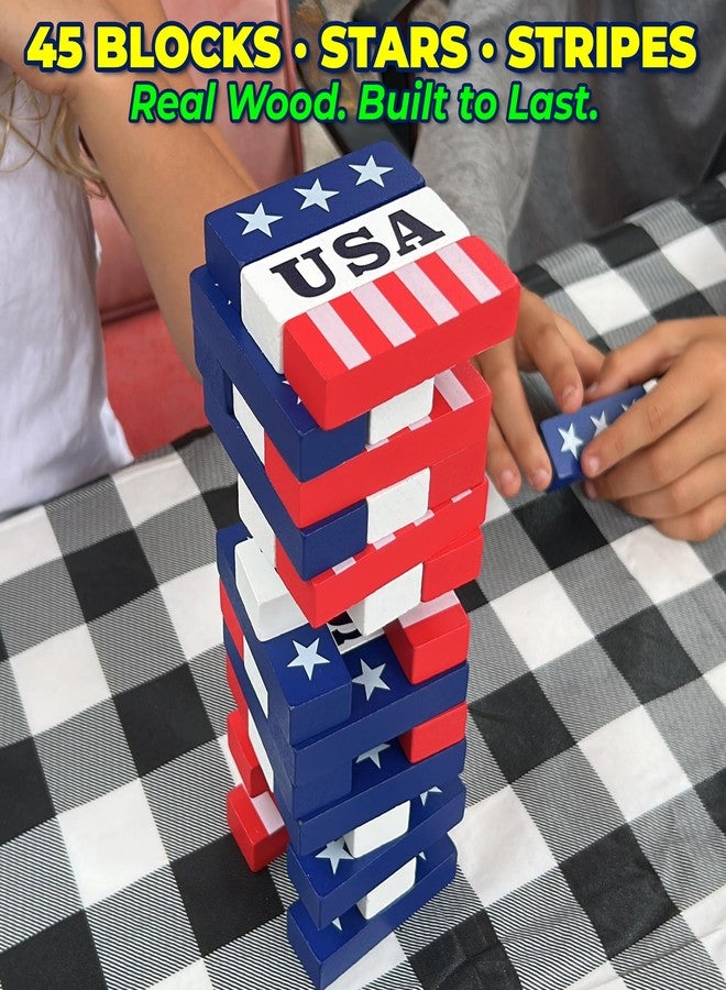 Funwares Red, White & Stack, Patriotic Wooden Stacking Game for Kids & Adults, 4th of July Tumble Tower, Indoor & Outdoor Family Play, Ages 6+, USA Gift - Image 2