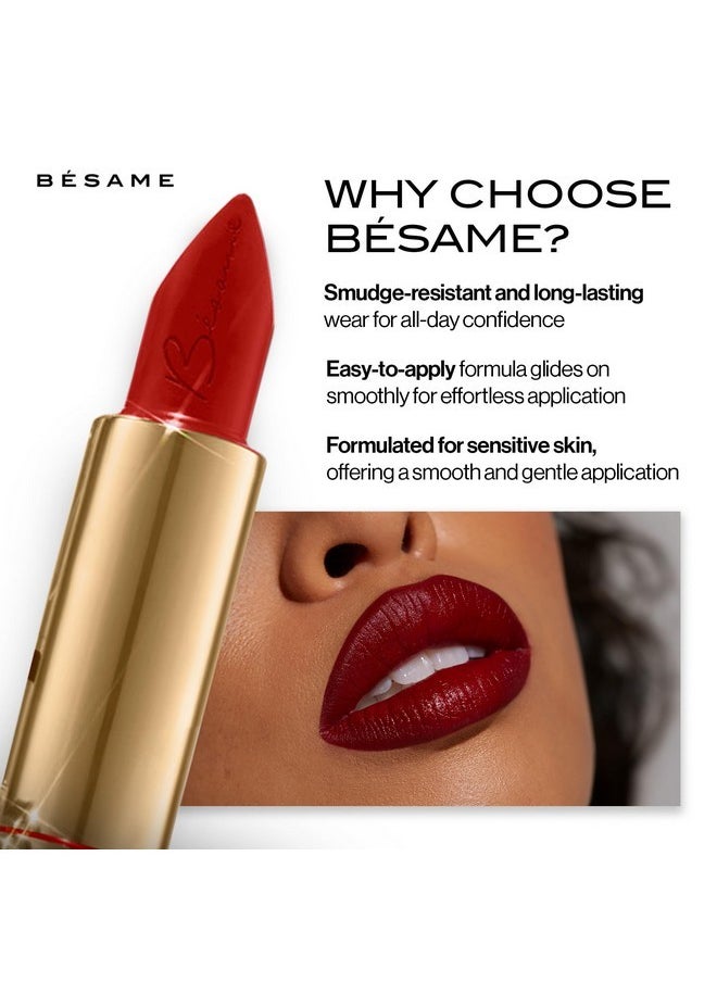 بيسامي كوزمتيكس أحمر شفاه BESAME Red Velvet بلون عتيق ١٩٤٦، مناسب لجميع أنواع البشرة، شائع الاستخدام يوميًا، أحمر قرميدي دافئ، لون شفاه يدوم طويلًا، مع فيتامين E المرطب، لمسة نهائية ساتانية، سهل الارتداء.  - Image 2