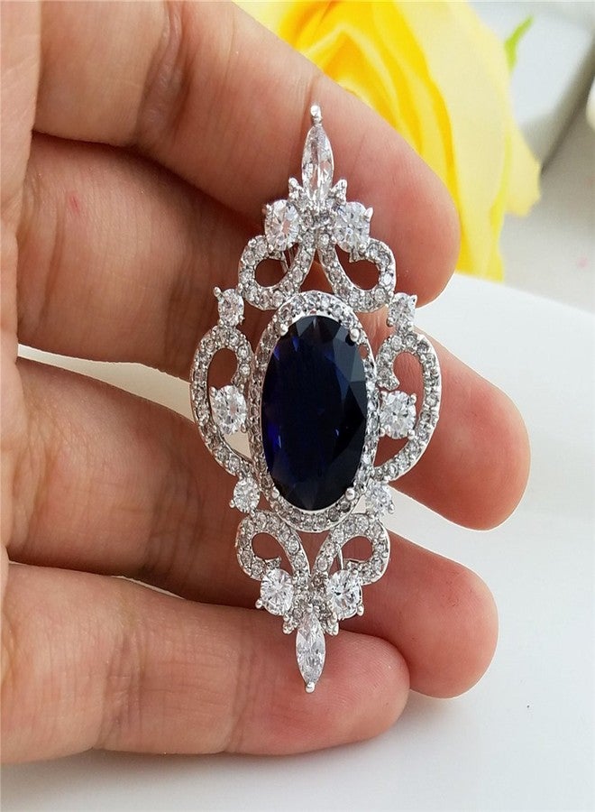 SELOVO Vintage Style Women's Blue Oval Sapphire-color CZ Crystal Wedding Bridal Pin Brooch Silver Tone - Image 4